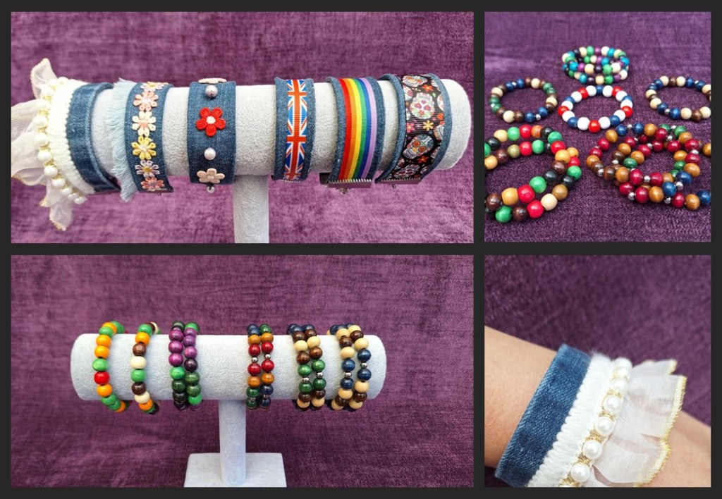 Image of hand-made jewellery, using recycled denim and jeans, and wooden beads