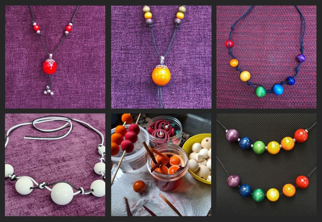 Hand-dyed and varnished beaded pendants and necklaces