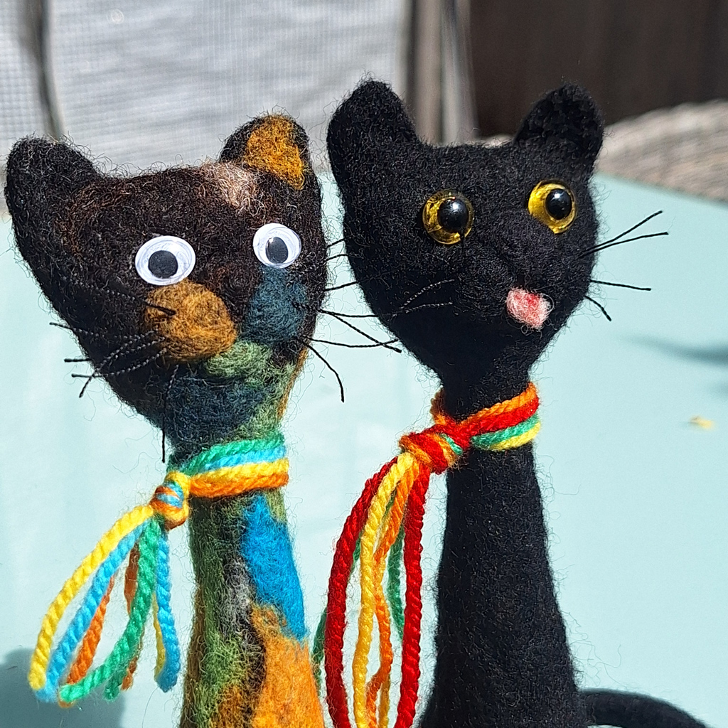 Needle-felted signature cats - close-up