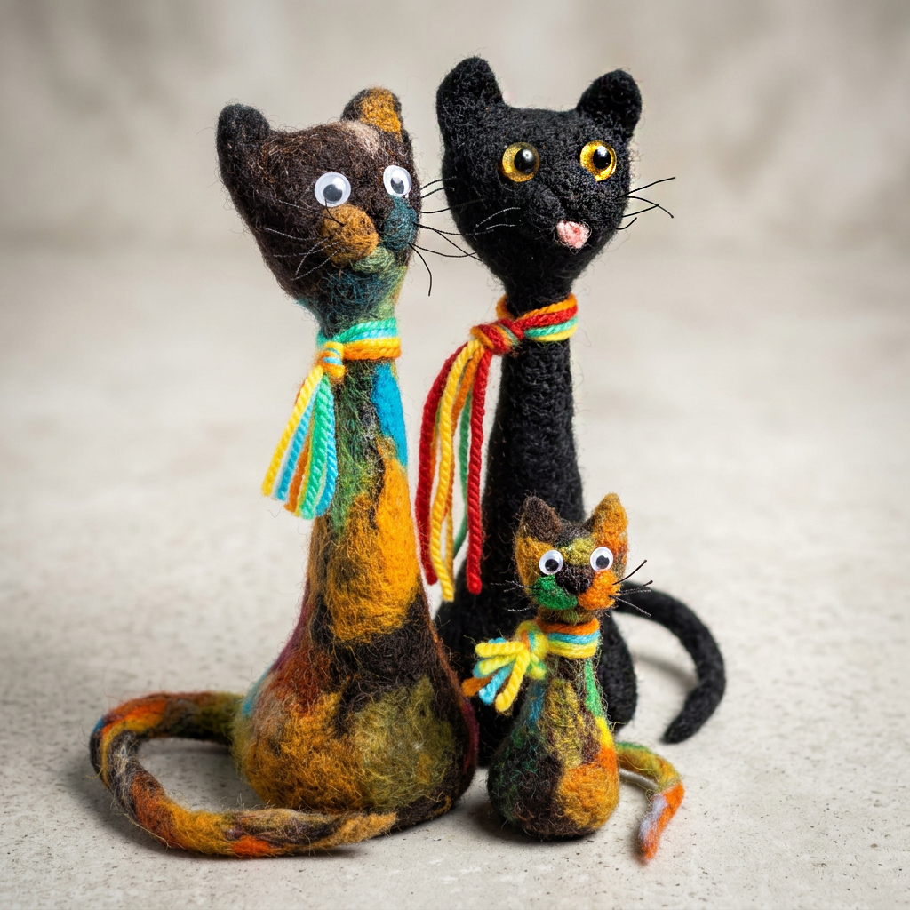 Needle-felted signature cats